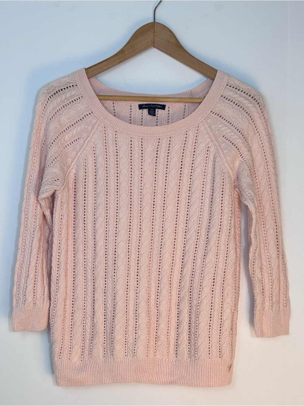 American Eagle Women’s Pink Cable Open Knit Sweater Size S Cotton Wool